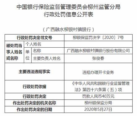 广西融水柳银村镇银行被罚40万：违规办理开卡业务