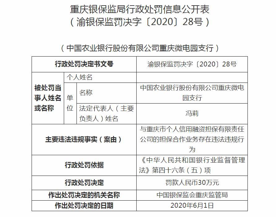 担保合作业务违法违规 农业银行重庆一支行被罚30万