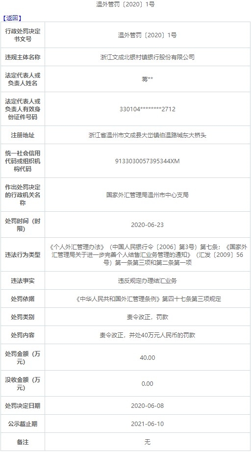 浙江文成北银村镇银行违法遭罚 违规办理结汇业务