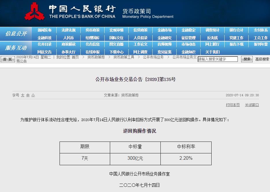 央行连续2日逆回购 7月来净投放800亿