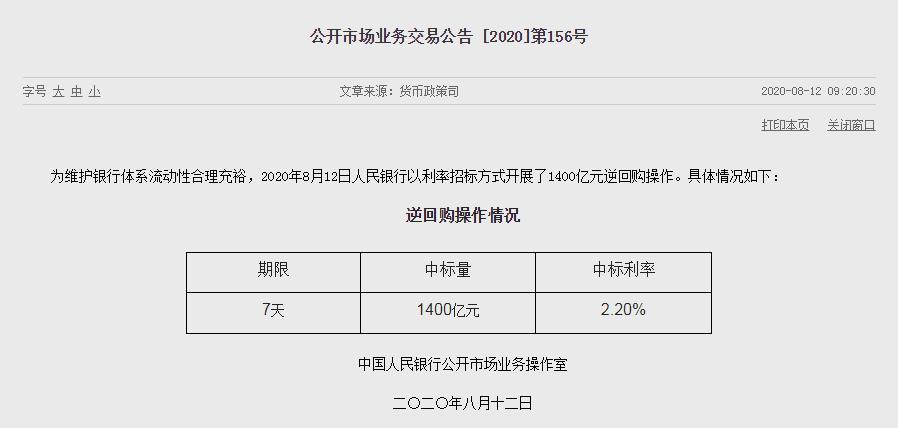 央行连续四日开展逆回购 累计净投放1900亿