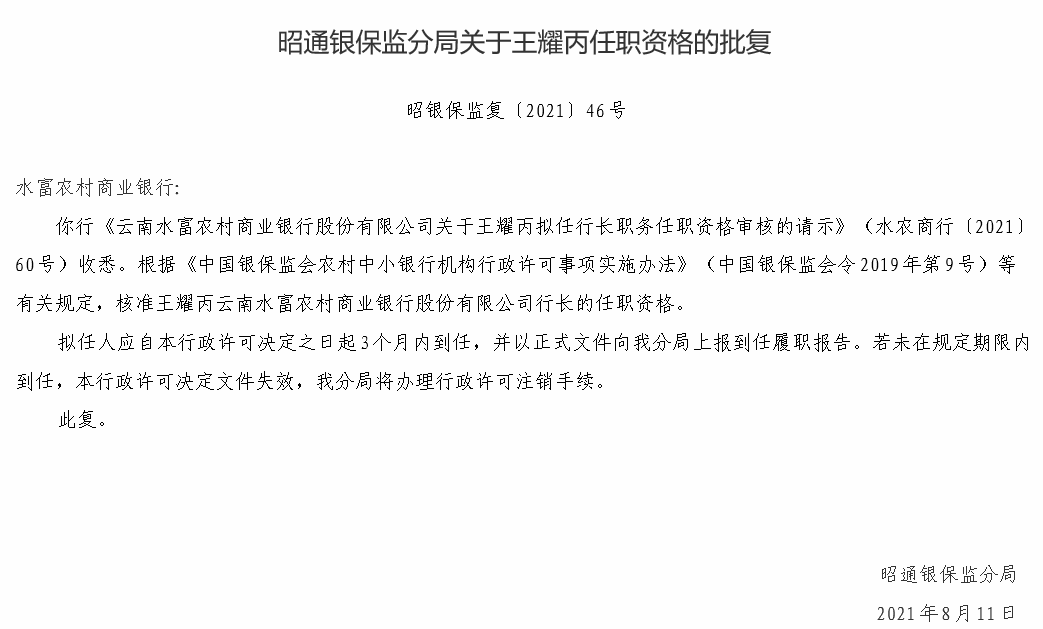 云南水富农商银行行长王耀丙任职资格获批