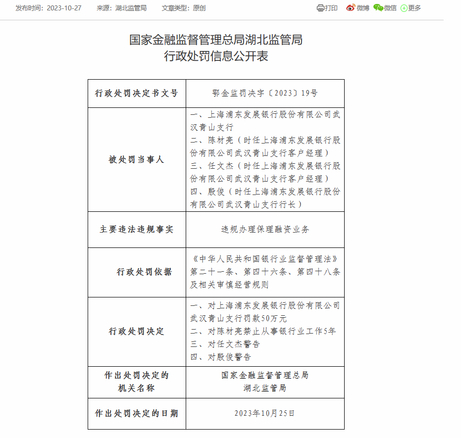 浦发银行武汉青山支行被罚50万：因违规办理保理融资业务